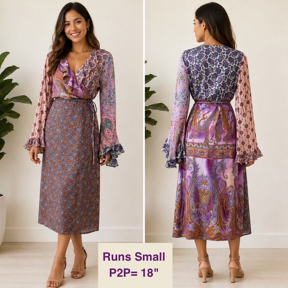 PLENTY Vintage 100% Silk Wrap Midi Dress Sze 12 Purple Satin Paisley Floral Boho